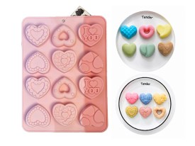 Molde silicona tricolor rosa 12 corazones relieve 